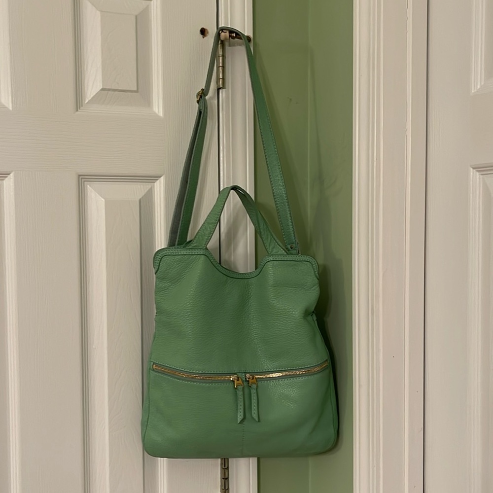 Fossil ERIN Bright Green Pebbled Leather Fold Over Shoulder Bag